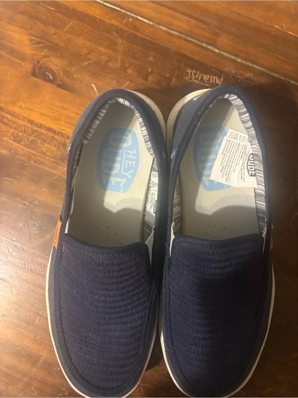 Hey Dude Navy Knit Slip-On Loafers with Tan Accent